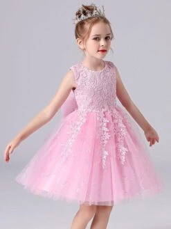 Pink Flower Girl Dresses Jewel Neck Lace Sleeveless Short Princess Dress Bows Formal Kids Pageant Dresses -AYA Cosplay Shop 202104161851484036088