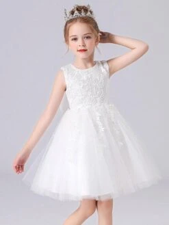 Pink Flower Girl Dresses Jewel Neck Lace Sleeveless Short Princess Dress Bows Formal Kids Pageant Dresses
