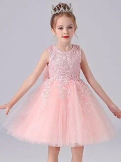Pink Flower Girl Dresses Jewel Neck Lace Sleeveless Short Princess Dress Bows Formal Kids Pageant Dresses -AYA Cosplay Shop 202104161851495206541