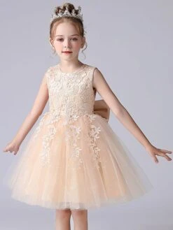 Pink Flower Girl Dresses Jewel Neck Lace Sleeveless Short Princess Dress Bows Formal Kids Pageant Dresses -AYA Cosplay Shop 202104161851498288206