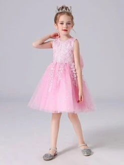Pink Flower Girl Dresses Jewel Neck Lace Sleeveless Short Princess Dress Bows Formal Kids Pageant Dresses -AYA Cosplay Shop 202104161851512919742
