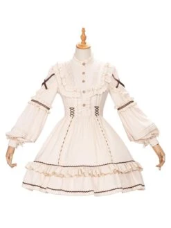 Sweet Lolita OP Dress Light Apricot Polyester Long Sleeves Cascading Ruffles Lace Up Criss-Cross Lolita One Piece Dress -AYA Cosplay Shop 202104261905322247100