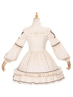 Sweet Lolita OP Dress Light Apricot Polyester Long Sleeves Cascading Ruffles Lace Up Criss-Cross Lolita One Piece Dress -AYA Cosplay Shop 202104261905325442366