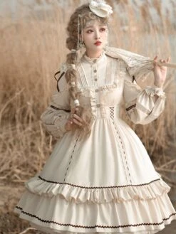 Sweet Lolita OP Dress Light Apricot Polyester Long Sleeves Cascading Ruffles Lace Up Criss-Cross Lolita One Piece Dress -AYA Cosplay Shop 202104261905330595395
