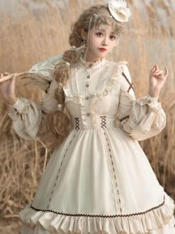 Sweet Lolita OP Dress Light Apricot Polyester Long Sleeves Cascading Ruffles Lace Up Criss-Cross Lolita One Piece Dress -AYA Cosplay Shop 202104261905334648279