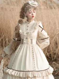 Sweet Lolita OP Dress Light Apricot Polyester Long Sleeves Cascading Ruffles Lace Up Criss-Cross Lolita One Piece Dress -AYA Cosplay Shop 202104261905341237283