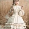 Sweet Lolita OP Dress Light Apricot Polyester Long Sleeves Cascading Ruffles Lace Up Criss-Cross Lolita One Piece Dress -AYA Cosplay Shop 202104261905345123454