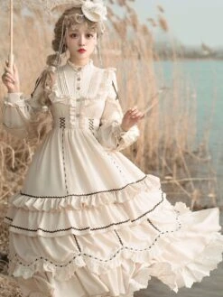 Sweet Lolita OP Dress Light Apricot Polyester Long Sleeves Cascading Ruffles Lace Up Criss-Cross Lolita One Piece Dress -AYA Cosplay Shop 202104261905349565518