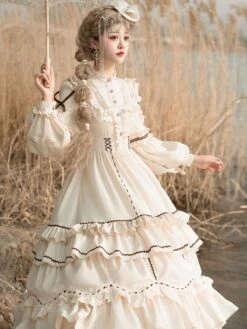 Sweet Lolita OP Dress Light Apricot Polyester Long Sleeves Cascading Ruffles Lace Up Criss-Cross Lolita One Piece Dress -AYA Cosplay Shop 202104261905354502399