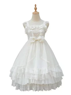 Tea Party Style Lolita JSK Dress Neverland Floral Print Pattern Ruffles Bows White Sweet Lolita Jumper Skirts -AYA Cosplay Shop 202104291601480179950