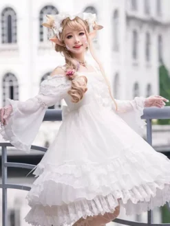 Tea Party Style Lolita JSK Dress Neverland Floral Print Pattern Ruffles Bows White Sweet Lolita Jumper Skirts -AYA Cosplay Shop 202104291601521626816