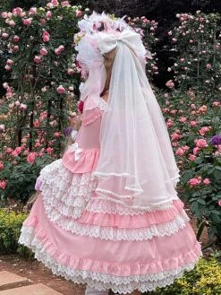 Sweet Lolita OP Dress Chiffon Long Sleeves Bows Ruffles Lace Up Pink Lolita One Piece Dress -AYA Cosplay Shop 20210507192948791414