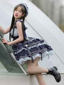 Sweet Lolita JSK Dress 2-Piece Set Blue Navy Two Tone Pattern Ruffles Jumper Skirt Overcoat Idol Lolita Dress -AYA Cosplay Shop 202105121621129688357