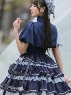 Sweet Lolita JSK Dress 2-Piece Set Blue Navy Two Tone Pattern Ruffles Jumper Skirt Overcoat Idol Lolita Dress -AYA Cosplay Shop 20210512162117811670
