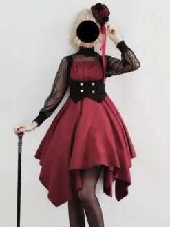 Gothic Lolita JSK Dress Burgundy Sleeveless Ruffles Grommets Pleated Lolita Jumper Skirt -AYA Cosplay Shop 202105292329476732053