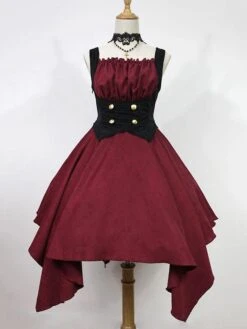 Gothic Lolita JSK Dress Burgundy Sleeveless Ruffles Grommets Pleated Lolita Jumper Skirt -AYA Cosplay Shop 202105292329479849666