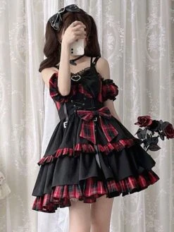 Idol clothes Lolita JSK Dress Red Plaid Pattern Sleeveless Ruffles Bows Lace Up Lolita Jumper Skirt Black Friday Deals 2024