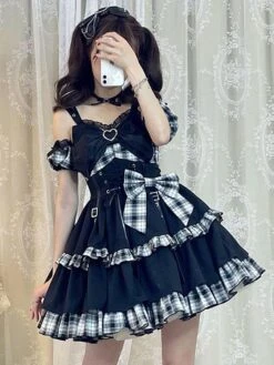 Idol clothes Lolita JSK Dress Red Plaid Pattern Sleeveless Ruffles Bows Lace Up Lolita Jumper Skirt Black Friday Deals 2024 -AYA Cosplay Shop 202105292329558797630