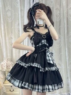 Idol clothes Lolita JSK Dress Red Plaid Pattern Sleeveless Ruffles Bows Lace Up Lolita Jumper Skirt Black Friday Deals 2024 -AYA Cosplay Shop 202105292329561998450