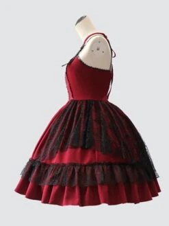 Gothic Lolita JSK Dress Burgundy Polyester Sleeveless Grommets Lace Lace Up Criss-Cross Red Lolita Jumper Skirts -AYA Cosplay Shop 202105292331078288326