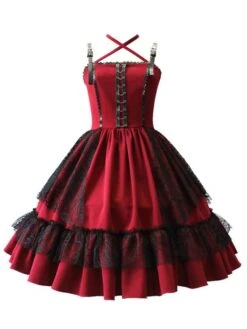 Gothic Lolita JSK Dress Burgundy Polyester Sleeveless Grommets Lace Lace Up Criss-Cross Red Lolita Jumper Skirts -AYA Cosplay Shop 202105292331084925544