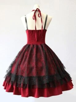 Gothic Lolita JSK Dress Burgundy Polyester Sleeveless Grommets Lace Lace Up Criss-Cross Red Lolita Jumper Skirts -AYA Cosplay Shop 202105292331088156811