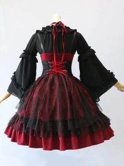 Gothic Lolita JSK Dress Burgundy Polyester Sleeveless Grommets Lace Lace Up Criss-Cross Red Lolita Jumper Skirts -AYA Cosplay Shop 202105292331091452800