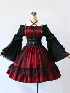 Gothic Lolita JSK Dress Burgundy Polyester Sleeveless Grommets Lace Lace Up Criss-Cross Red Lolita Jumper Skirts -AYA Cosplay Shop 202105292331094498765