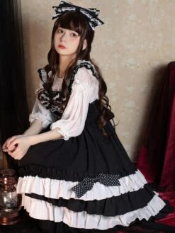 Sweet Lolita JSK Dress Polyester Sleeveless Bow Lace Polka Dot Black Lolita Jumper Skirt -AYA Cosplay Shop 202106021333338959756