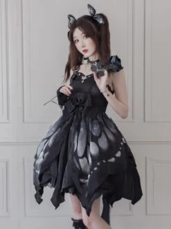 JSK Gothic Lolita JSK Dress Blue Sleeveless Lace Up Ruffles Bow Butterfly Pattern Polyester Casual Lolita Jumper Skirt -AYA Cosplay Shop 202106021347329597167