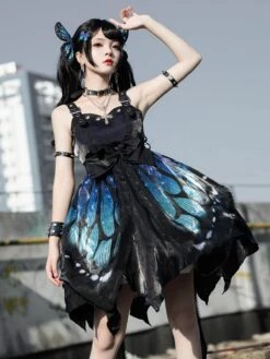 JSK Gothic Lolita JSK Dress Blue Sleeveless Lace Up Ruffles Bow Butterfly Pattern Polyester Casual Lolita Jumper Skirt -AYA Cosplay Shop 2021060213473333935