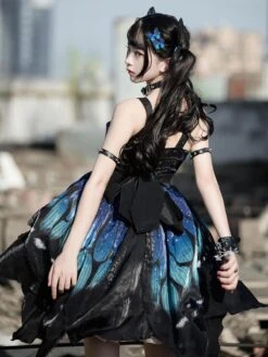 JSK Gothic Lolita JSK Dress Blue Sleeveless Lace Up Ruffles Bow Butterfly Pattern Polyester Casual Lolita Jumper Skirt -AYA Cosplay Shop 202106021347384959519