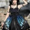 JSK Gothic Lolita JSK Dress Blue Sleeveless Lace Up Ruffles Bow Butterfly Pattern Polyester Casual Lolita Jumper Skirt -AYA Cosplay Shop 202106021347388831193