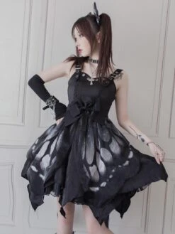 JSK Gothic Lolita JSK Dress Blue Sleeveless Lace Up Ruffles Bow Butterfly Pattern Polyester Casual Lolita Jumper Skirt -AYA Cosplay Shop 202106021347400514378