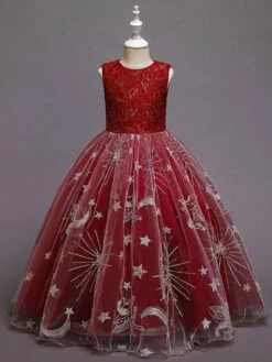 Kids Dress Princess Party Dress Jewel Neck Ankle-Length A-Line Embroidered Sleeveless Flower Girl Dress -AYA Cosplay Shop 202106071709428381043