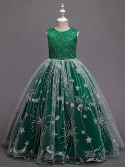 Kids Dress Princess Party Dress Jewel Neck Ankle-Length A-Line Embroidered Sleeveless Flower Girl Dress -AYA Cosplay Shop 202106071709431841442