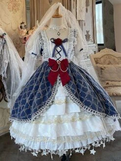 Sweet Lolita OP Dress Polyester Long Sleeves Dress Bow Two-Tone Lace Plaid Pattern Lolita One Piece Dress -AYA Cosplay Shop 202106111417359078389