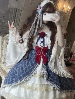 Sweet Lolita OP Dress Polyester Long Sleeves Dress Bow Two-Tone Lace Plaid Pattern Lolita One Piece Dress -AYA Cosplay Shop 202106111417362771034