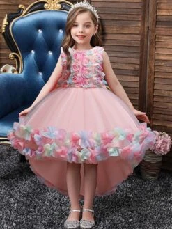 Kids Dress Bows Flowers Jewel Neck Sleeveless Formal Kids Pageant Flower Girl Dress