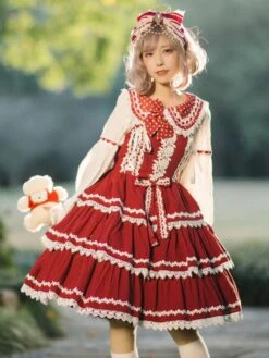 Sweet Lolita JSK Dress Sleeveless Lace Bowknot Red Lolita Jumper Skirt