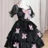 Sweet Lolita Dress Polyester Short Sleeves Lace Bows Ruffles Black Lolita One Piece Dress -AYA Cosplay Shop 202106221848078247773