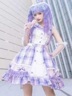 Idol Clothes Lolita JSK Dress Lilac Print Pattern Bows Metal Details Sleeveless Polyester Lolita Jumper Skirts -AYA Cosplay Shop 202107051614150775119