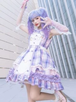 Idol Clothes Lolita JSK Dress Lilac Print Pattern Bows Metal Details Sleeveless Polyester Lolita Jumper Skirts -AYA Cosplay Shop 202107051614155091574