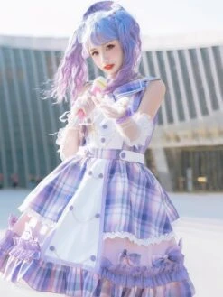 Idol Clothes Lolita JSK Dress Lilac Print Pattern Bows Metal Details Sleeveless Polyester Lolita Jumper Skirts -AYA Cosplay Shop 202107051614161832140