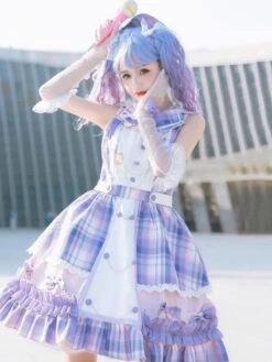Idol Clothes Lolita JSK Dress Lilac Print Pattern Bows Metal Details Sleeveless Polyester Lolita Jumper Skirts -AYA Cosplay Shop 202107051614171504430