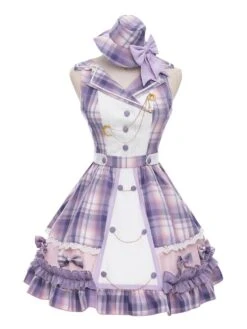 Idol Clothes Lolita JSK Dress Lilac Print Pattern Bows Metal Details Sleeveless Polyester Lolita Jumper Skirts -AYA Cosplay Shop 202107051614182986783