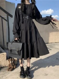 Gothic Lolita OP Dress Black Long Sleeves Ruffles Polyester Lolita One Piece Dress