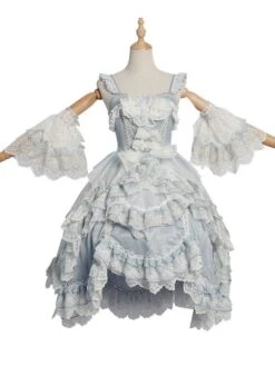 Sweet Lolita Wedding Dress Sleeveless Butterfly Pearls Bows Lace Sky Blue Hime Lolita Wedding Dress -AYA Cosplay Shop 20210712171529860534