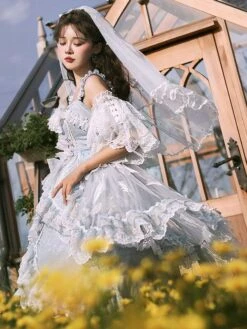 Sweet Lolita Wedding Dress Sleeveless Butterfly Pearls Bows Lace Sky Blue Hime Lolita Wedding Dress -AYA Cosplay Shop 202107121715301772250