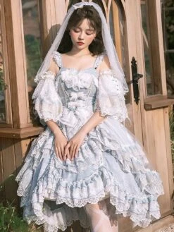 Sweet Lolita Wedding Dress Sleeveless Butterfly Pearls Bows Lace Sky Blue Hime Lolita Wedding Dress -AYA Cosplay Shop 202107121715305084568